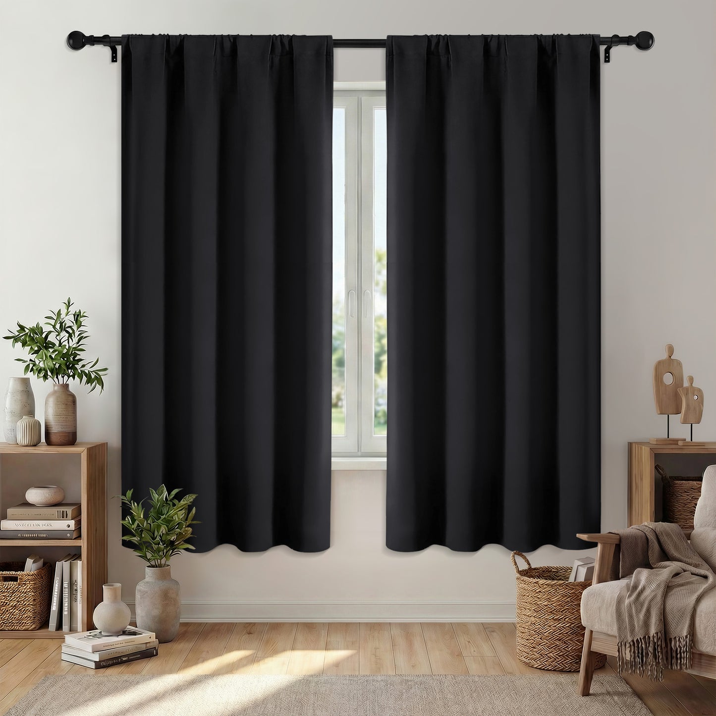 XUEYU Window Curtains Blackout, Back Tab Curtains 72 Inch, 100% Blackout Curtains Darkening Light Blocking Curtains for Living Room Bedroom Full Light Blocking Curtains 2 Panel Set,W52 x L72, Black