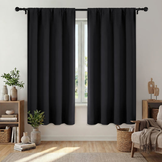 XUEYU Window Curtains Blackout, Back Tab Curtains 72 Inch, 100% Blackout Curtains Darkening Light Blocking Curtains for Living Room Bedroom Full Light Blocking Curtains 2 Panel Set,W52 x L72, Black