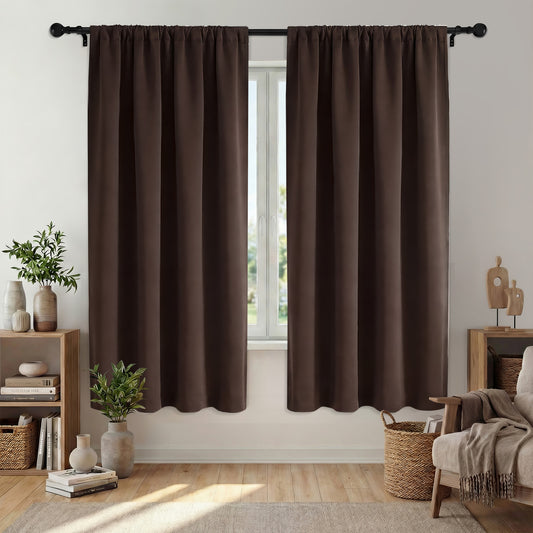XUEYU Window Curtains Blackout, Back Tab Curtains 72 Inch, 100% Blackout Curtains Darkening Light Blocking Curtains for Living Room Bedroom Full Light Blocking Curtains 2 Panel Set,W52 x L72, Brown