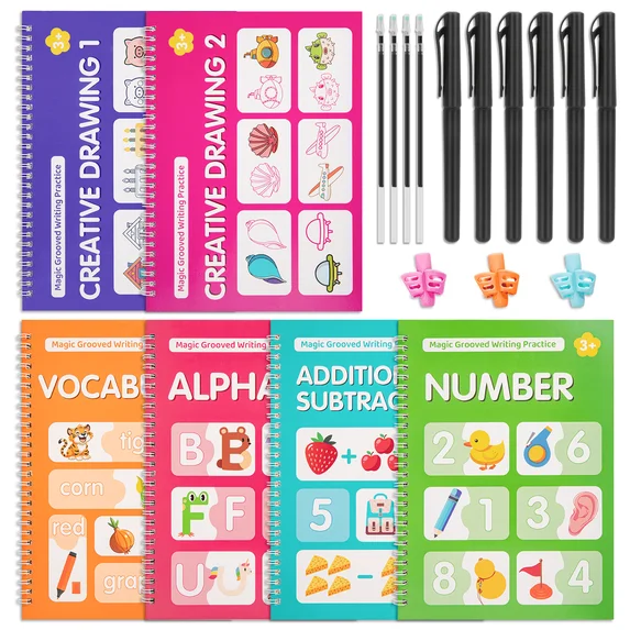 XUE000MGWP002S Magic Grooved Writing Practice Books, Tracing Books, Number Letter Grooved Handwriting Copybook, Reusable, 6-Books