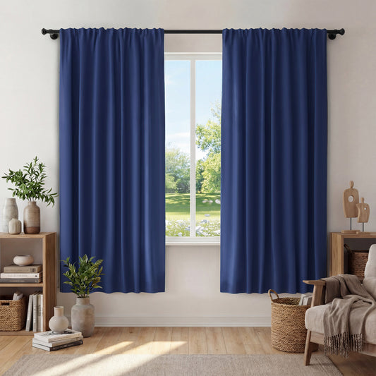 XUEYU Window Curtains Blackout, Back Tab Curtains 63 Inch, 100% Blackout Curtains Darkening Light Blocking Curtains for Living Room Bedroom Full Light Blocking Curtains 2 Panel Set,W42 x L63, Navy