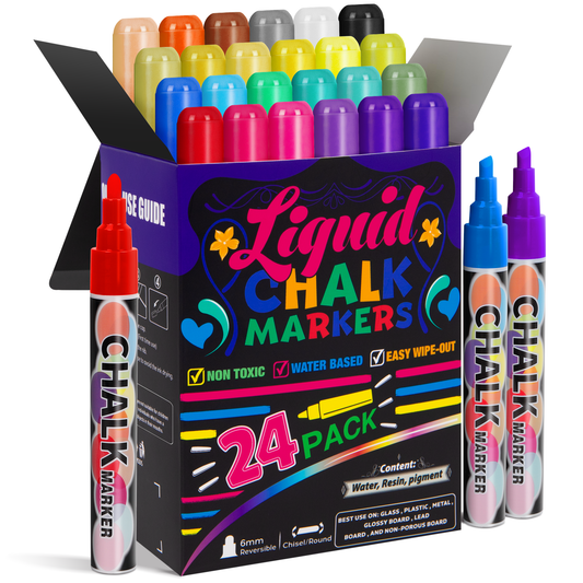 XUE000LCM001BL24 Xueyu Chalk Markers, 24 Colors Liquid Chalk Markers, Dry Erase Marker for Chalkboard, Signs, Windows, Blackboard, Glass, Mirrors, Reversible Tip(Multicolored, 6mm)