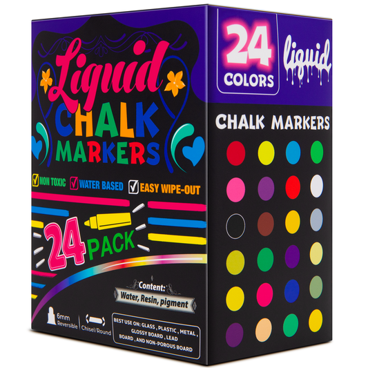 XUE000LCM002BL24 Xueyu Liquid Chalk Marker, Dry Erase Marker Pens, Pack of 24, 6mm Reversible Tips, for Blackboard, Glass, Car Windows, Multicolored
