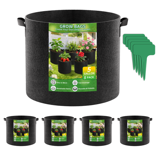 5-Pack 5 Gallon Grow Bags, Heavy Duty Nonwoven Plant Fabric Pots with Handles for Gardening, Thickened Growing Bags for Plants and Vegetables, Includes 5 Plant Labels