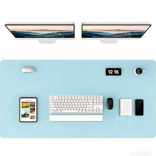 Leather Desk Pad Protector, Large PU Mouse Pad, Waterproof Office Desk Mat, Non-Slip Desk Blotter Pad with Strap, Writing Pad for Office and Home (Light Blue, 47.2" x 23.6")