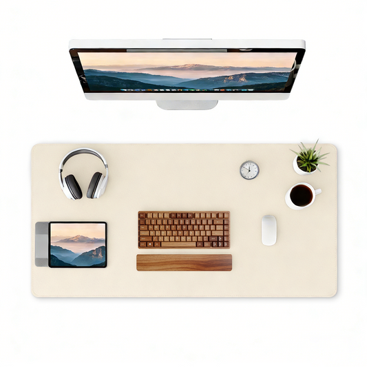 PU Leather Desk Pad, Non-Slip Waterproof Desk Mat, Large Office Mouse Pad, Full Coverage Desk Blotter Mat with Strap, Writing & Mouse Pad for Office & Home(Eggshell, 31.5”x15.7”)