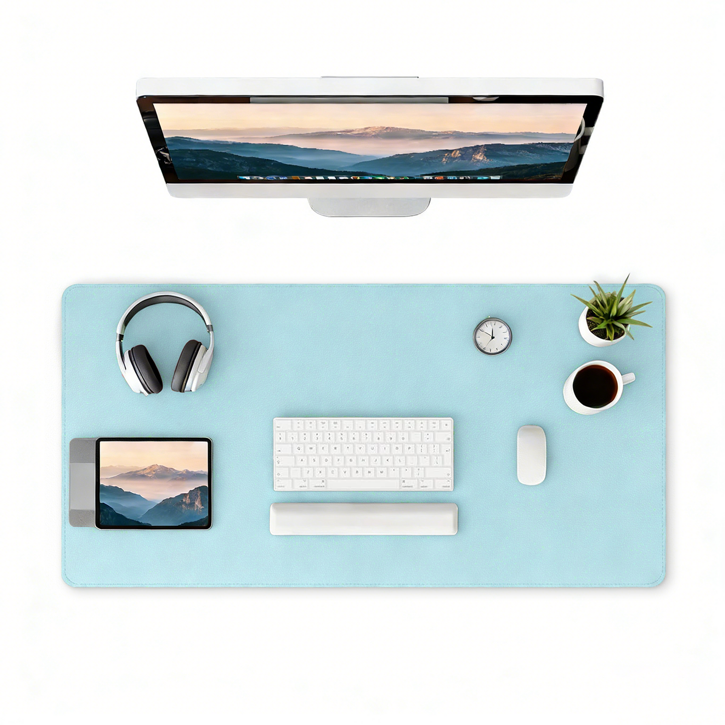 Leather Desk Pad Protector, Large PU Mouse Pad, Waterproof Office Desk Mat, Non-Slip Desk Blotter Pad with Strap, Writing Pad for Office and Home (Light Blue, 31.5”x15.7”)