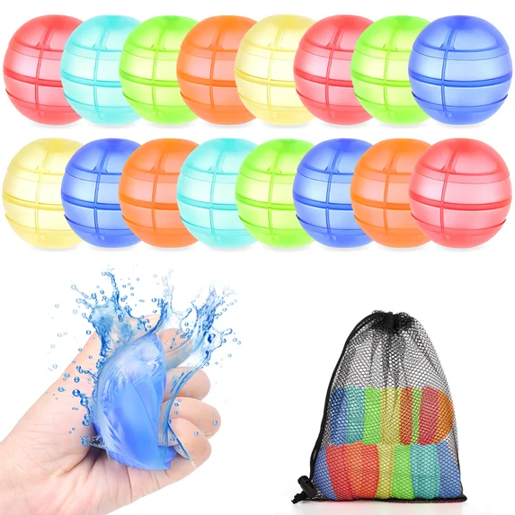 XUE000WB001MU16 16 Count Reusable Water Balloons, Easy Fill Self Sealing Silicone Water Bombs, Soft Summer Water Toys for Family Backyard Party, Bulk Reusable Water Balloon Set