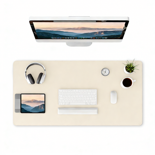 Leather Desk Pad Protector, Large PU Mouse Pad, Waterproof Office Desk Mat, Non-Slip Desk Blotter Pad with Strap, Writing Pad for Office and Home (Eggshell, 31.5”x15.7”)