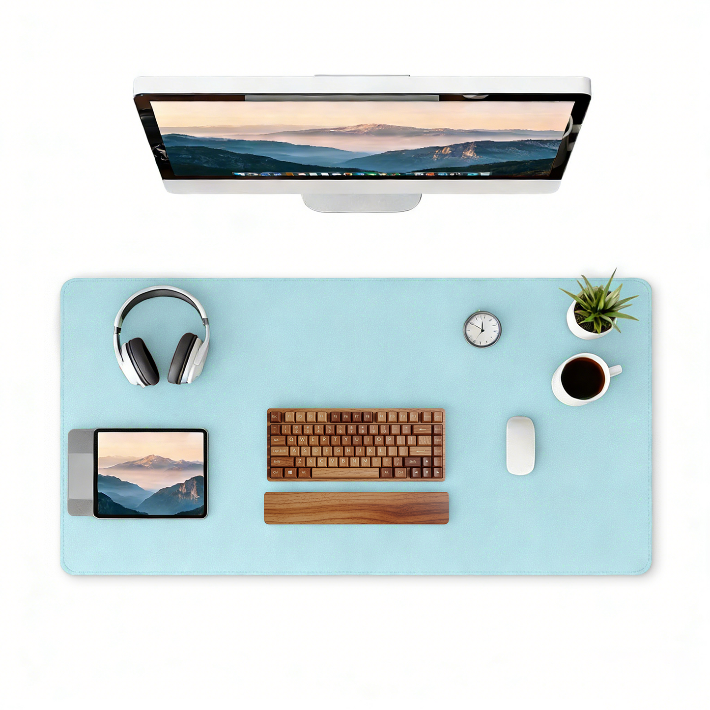 PU Leather Desk Pad, Non-Slip Waterproof Desk Mat, Large Office Mouse Pad, Full Coverage Desk Blotter Mat with Strap, Writing & Mouse Pad for Office & Home(Light blue, 31.5”x15.7”)