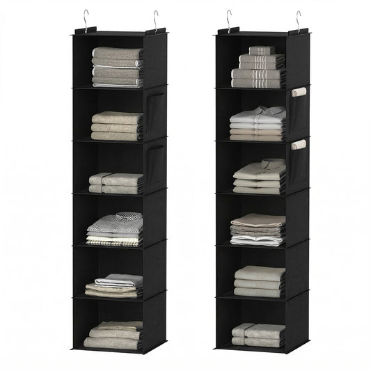 XUEYU Hanging Closet Organizer, 2 Pack Closet Hanging Storage Shelves with Bamboo Inserts, 6-Shelf Sturdy Hook Closet Organizers and Storage W/ 2 Side Pockets,Foldable Closet Storage for Bedroom,Gray