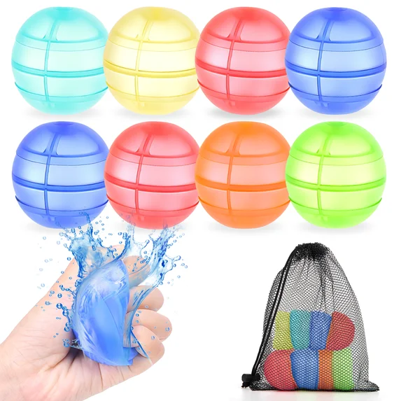 XUE000WB001MU8 8 Pack Reusable Water Balloons, Quick Fill Silicone Water Bombs, Self Sealing Summer Water Toys for Kids, Soft Refillable Balloons for Backyard Water Games