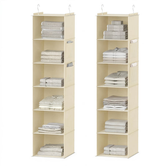 XUEYU Hanging Closet Organizer, 2 Pack Closet Hanging Storage Shelves with Bamboo Inserts, 6-Shelf Sturdy Hook Closet Organizers and Storage W/ 2 Side Pockets,Foldable Closet Storage for Bedroom,Gray
