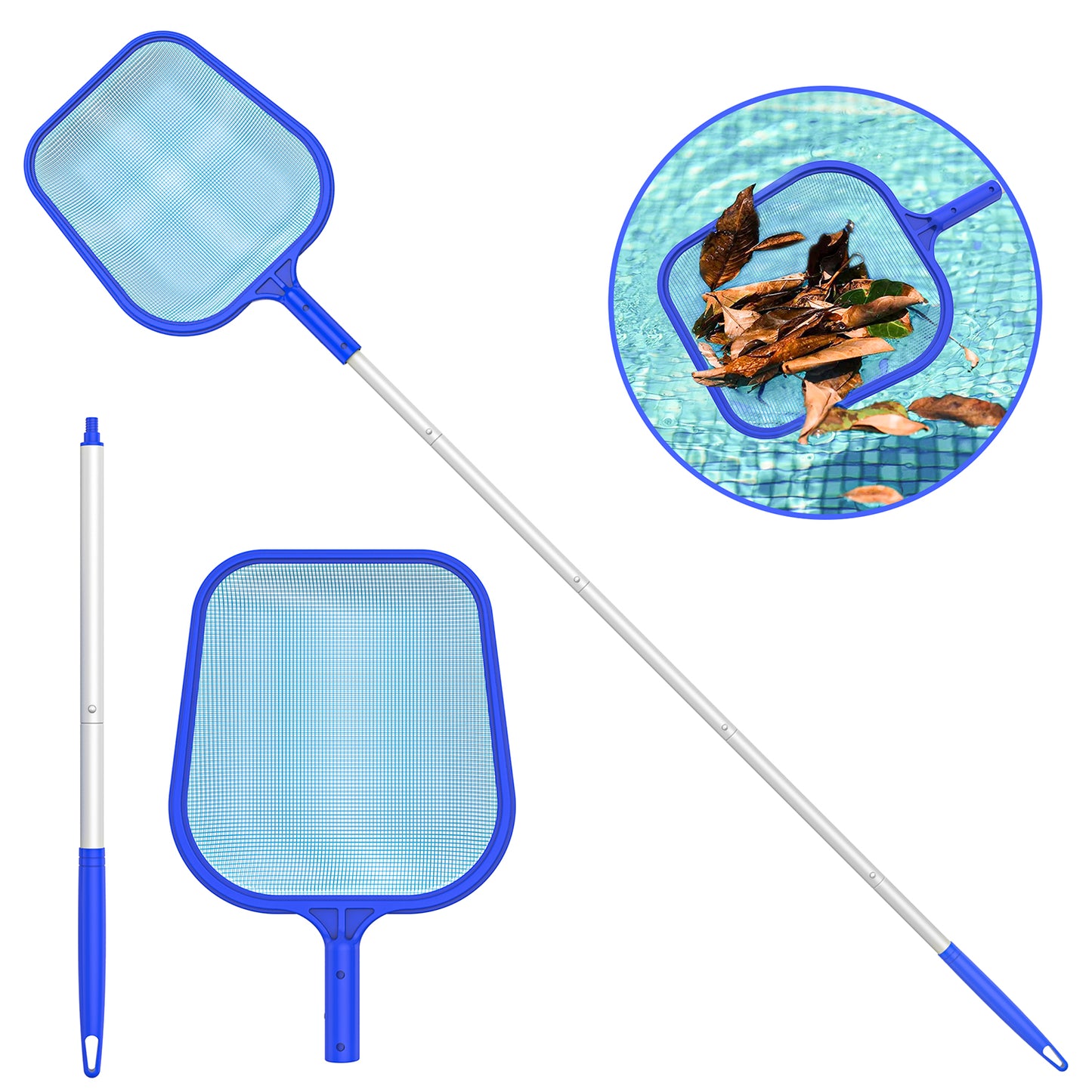 16.5" Pool Leaf Skimmer Net with Adjustable Aluminum Poles 5 Sections 6" Deep Ultra Fine Mesh Netting Basket