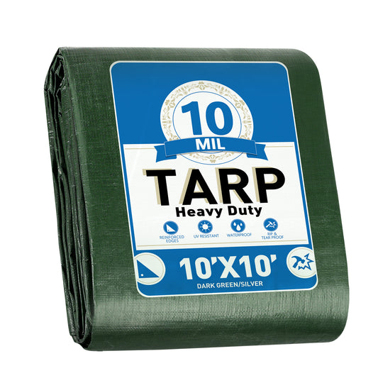 Heavy Duty Tarp 10 x 10 ft, Waterproof Tarps with Grommets Every 19.7", 10 Mil Thick Protective Tarps Cover, Large Multi-Purpose Tarps for Home,Boats,Cars,Camping,Protective Cover, (Green&Silver)