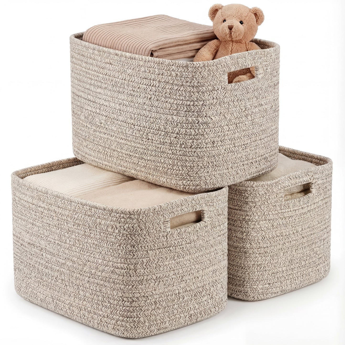 XUEYU 3 Pack Woven Baskets, 11"x11"x9" Cotton Rope Baskets, 18L Blanket Baskets for Storage, Cube Bin Square Shelves Organizer, Toy Basket or Storage Bins for Living Room, Baby Nursery(Oatmeal Brown)