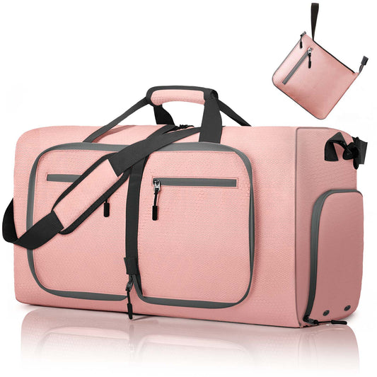 XUEYU 65L Travel Bag, Large Travel Duffel Bags with Shoes Compartment and Adjustable Strap, Foldable Travel Duffel Bags for Men Women,Waterproof Duffel Bags for Traveling Camping, Touring, Pink