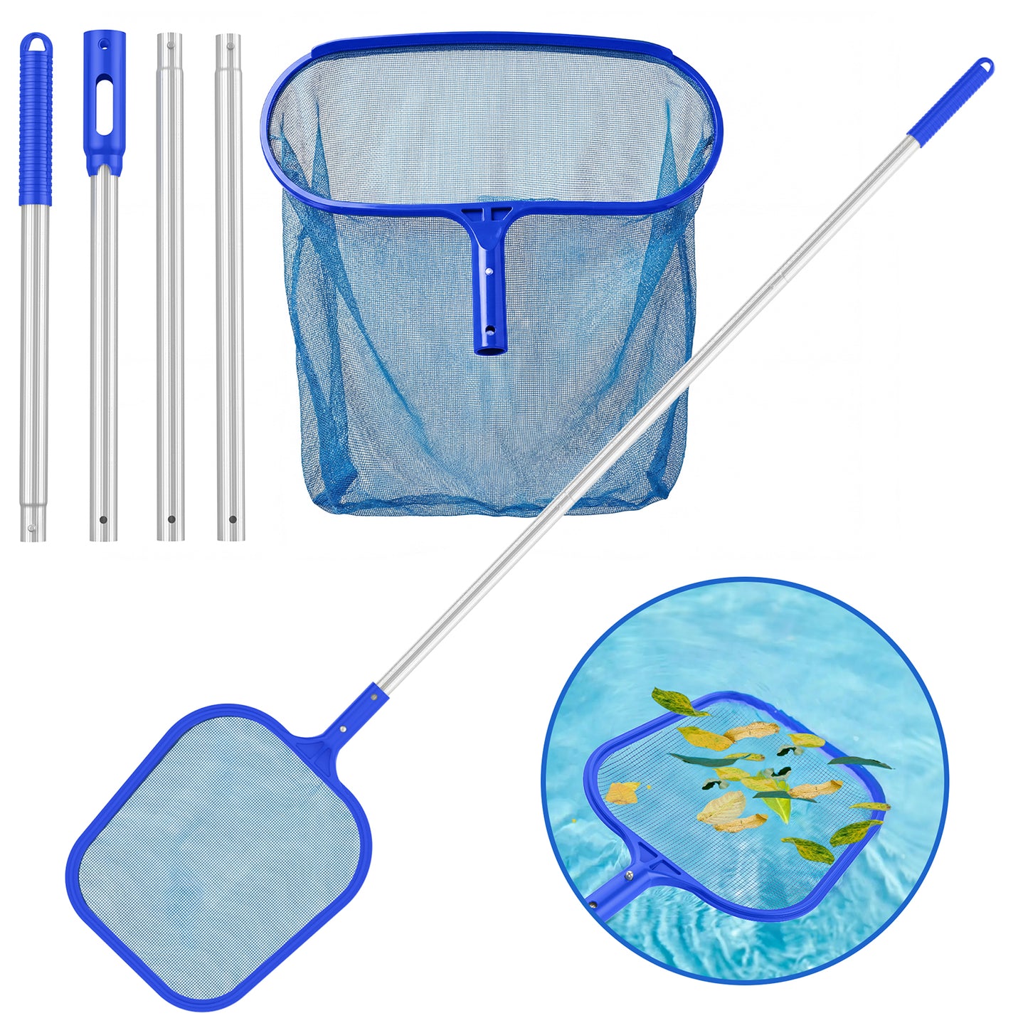 Swimming Pool Leaf Skimmer Net and Leaf Rake Net Set, Pool Net with Adjustable Aluminum Poles 4 Sections , Total Length 60", Debris Pickup Removal for Swimming Pools, Spas, Hot Tubs and Fountains