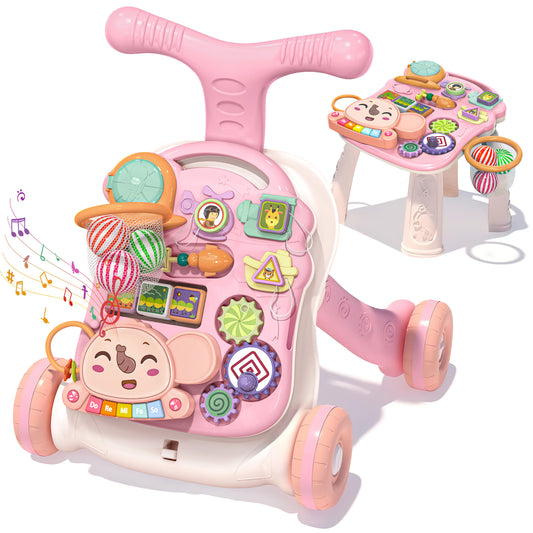 XUEYU Toddler Learning Table Infant Musical Learning Walker with Rolling, Pink Baby Activity Center, Learn to Walk Sit to Stand, 1 Count