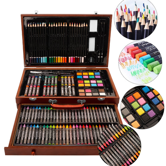 Creative Wooden Art Supplies Set for Hobbyists, 140-Piece Mixed Media Kit with Watercolors, Color Pencils for Drawing and Painting with Stretchable Drawer