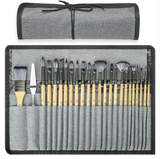 Paint Brushes Set of 24 Pieces Wooden Handles Brushes with Canvas Brush Bag, Professional for Oil, Acrylic and Watercolor Painting