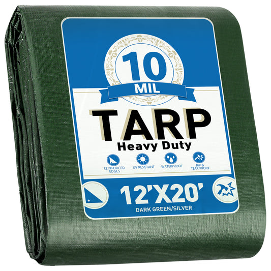 Heavy Duty Tarp 12 x 20 ft, Waterproof Tarps with Grommets Every 19.7", 10 Mil Thick Protective Tarps for Emergency Rain Shelter, Large Multi-Purpose Tarps for Home,Boats,Camping,Protective Cover