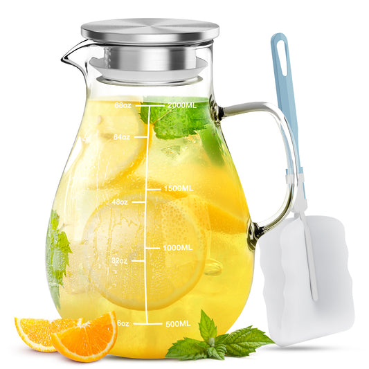 68 oz Glass Pitcher with Lid and Spout, 2 L Heat & Cold Resistant Glass Water Carafe with Precise Scale Line for Hot/Cold Water, Easy to Clean Large Drink Pitcher for Cold and Hot Beverage