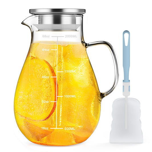 68 oz Water Pitcher with Lid and Spout, 2L Heat & Cold Resistant Glass Water Carafe with Precise Scale Line, Easy to Clean Thickened Borosilicate Glass Jug for Cold and Hot Beverage
