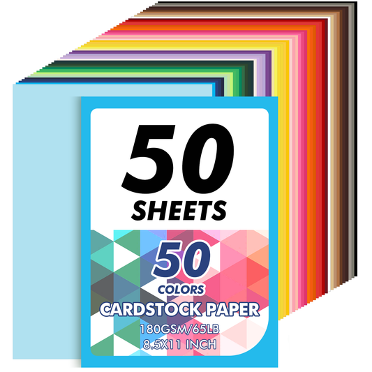 XUE000CCP001MU50 50 Sheets 8.5" x 11" Colored Cardstock, 50 Assorted Colors, 65lb / 180GSM Construction Card Stock Paper for DIY Crafts, Party Decorations, Card Making, and Printing