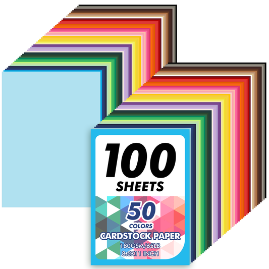 XUE000CCP002MU100 100 Sheets 8.5" X 11" Colored Cardstock, 50 Assorted Colors, Card Stock Paper for DIY Crafts, Party Decorations, Card Making, and Printing, 65lb / 180GSM