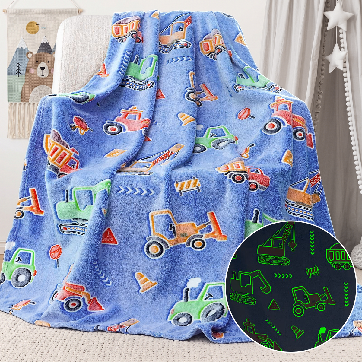 Xueyu Construction Trucks Glow in The Dark Blanket, Toy Dump Truck Excavator Gifts for Kids Boys Age 3-12 Years Old, Soft Plush Flannel Throw,50"x60"
