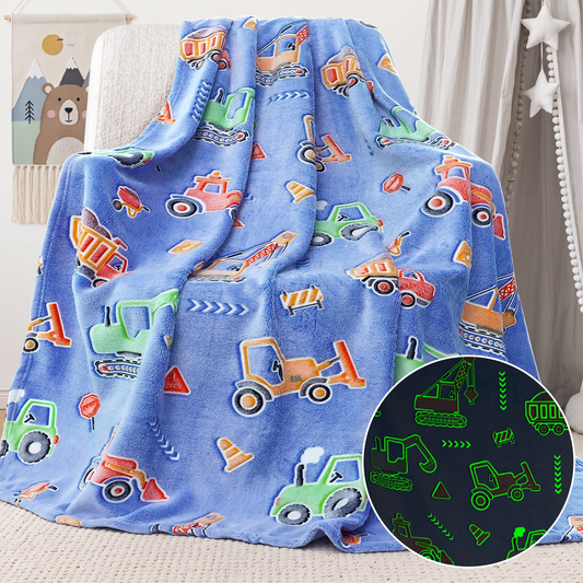 Xueyu Construction Trucks Glow in The Dark Blanket, Toy Dump Truck Excavator Gifts for Kids Boys Age 3-12 Years Old, Soft Plush Flannel Throw,50"x60"