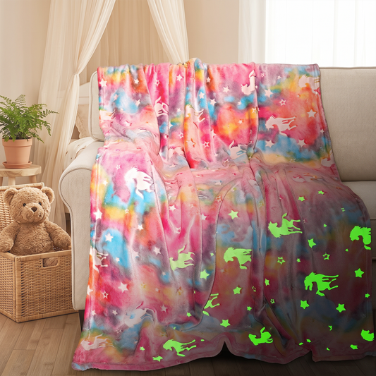 Xueyu Unicorn Glow in The Dark Blanket, Rainbow Tie Dye Gifts for Kids Boys Girls Age 3-12 Years Old, Soft Luminous Plush Throw Bedding, 50"x60"
