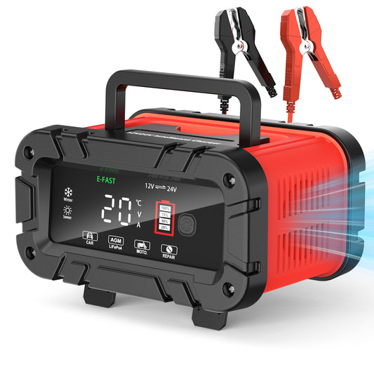 XUEYU 12V 24VBattery Charger, 20-Amp Portable Car Battery Charger 8-Stage Trickle Charger LiFePO4 Lead Acid Smart Battery Maintainer w/Temp Compensation for Car Truck Motorcycle Lawn Mower, Red