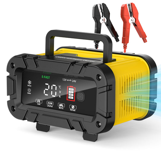 XUEYU 12V 24VBattery Charger, 20-Amp Portable Car Battery Charger 8-Stage Trickle Charger LiFePO4 Lead Acid Smart Battery Maintainer w/Temp Compensation for Car Truck Motorcycle Lawn Mower, Yellow