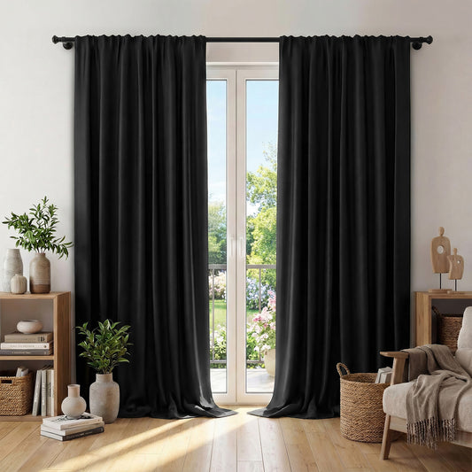 XUEYU Window Curtains Blackout, Back Tab Curtains 96 Inch, 100% Blackout Curtains Darkening Light Blocking Curtains for Living Room Bedroom Full Light Blocking Curtains 2 Panel Set,W52 x L96, Black