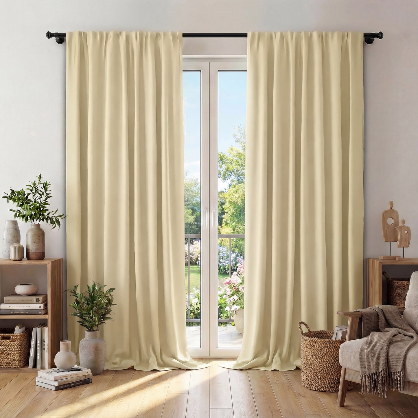 XUEYU Window Curtains Blackout, Back Tab Curtains 96 Inch, 100% Blackout Curtains Darkening Light Blocking Curtains for Living Room Bedroom Full Light Blocking Curtains 2 Panel Set,W52 x L96, Beige