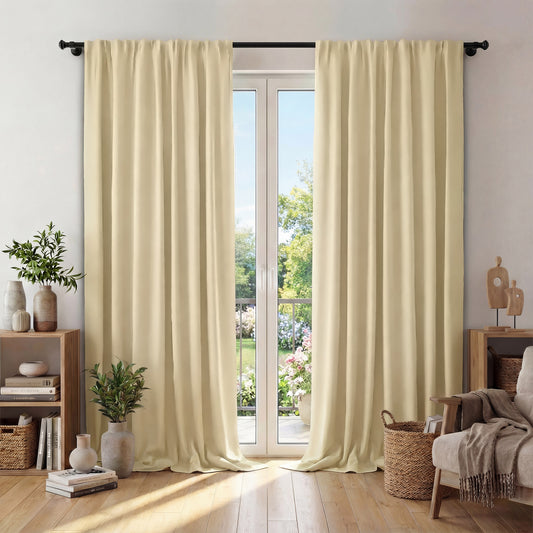 XUEYU Window Curtains Blackout, Back Tab Curtains 96 Inch, 100% Blackout Curtains Darkening Light Blocking Curtains for Living Room Bedroom Full Light Blocking Curtains 2 Panel Set,W52 x L96, Beige