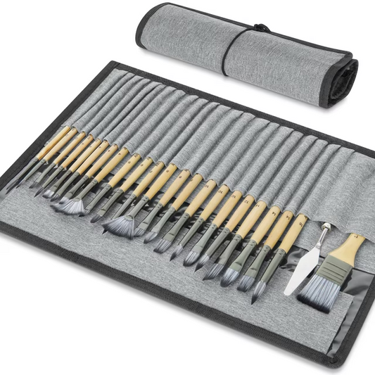 Paint Brushes Set of 24 Pieces Wooden Handles Brushes with Canvas Brush Bag, Professional for Oil, Acrylic and Watercolor Painting