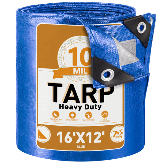 Tarps Heavy Duty Waterproof 12' x 16', 10 Mil Large Tarp with Grommets Every 19.7", Multipurpose Protective Cover with Reinforced Edges for Outdoor Pool Camp Tent, Poly Tarp for Boats, RV, Pool Cover