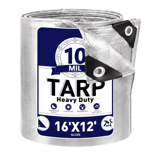 Tarps Heavy Duty Waterproof 16’ x 12’, 10 Mil Large Canvas Tarp for all weather, Multipurpose Protective Cover with Reinforced Edges for Pool, Camping, Boats, RV, Pool (Silver）