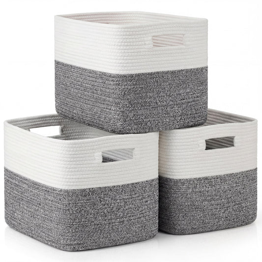 XUE07BLBA0000GW3p 3 Pack Storage Basket, 11"x11"x9" (18L) Rectangle Woven Baskets for Storage, Cotton Rope Basket for toys, Towel Baskets, Closet Organizer Bins Shelves Organizer, Decorative Basket(Gray& White)