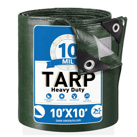 Tarps Heavy Duty Waterproof 10’ x 10’, 10 Mil Large Canvas Tarp for all weather, Multipurpose Protective Cover with Reinforced Edges for Pool, Camping, Boats, RV, Pool, Green/Silver Tarpaulin