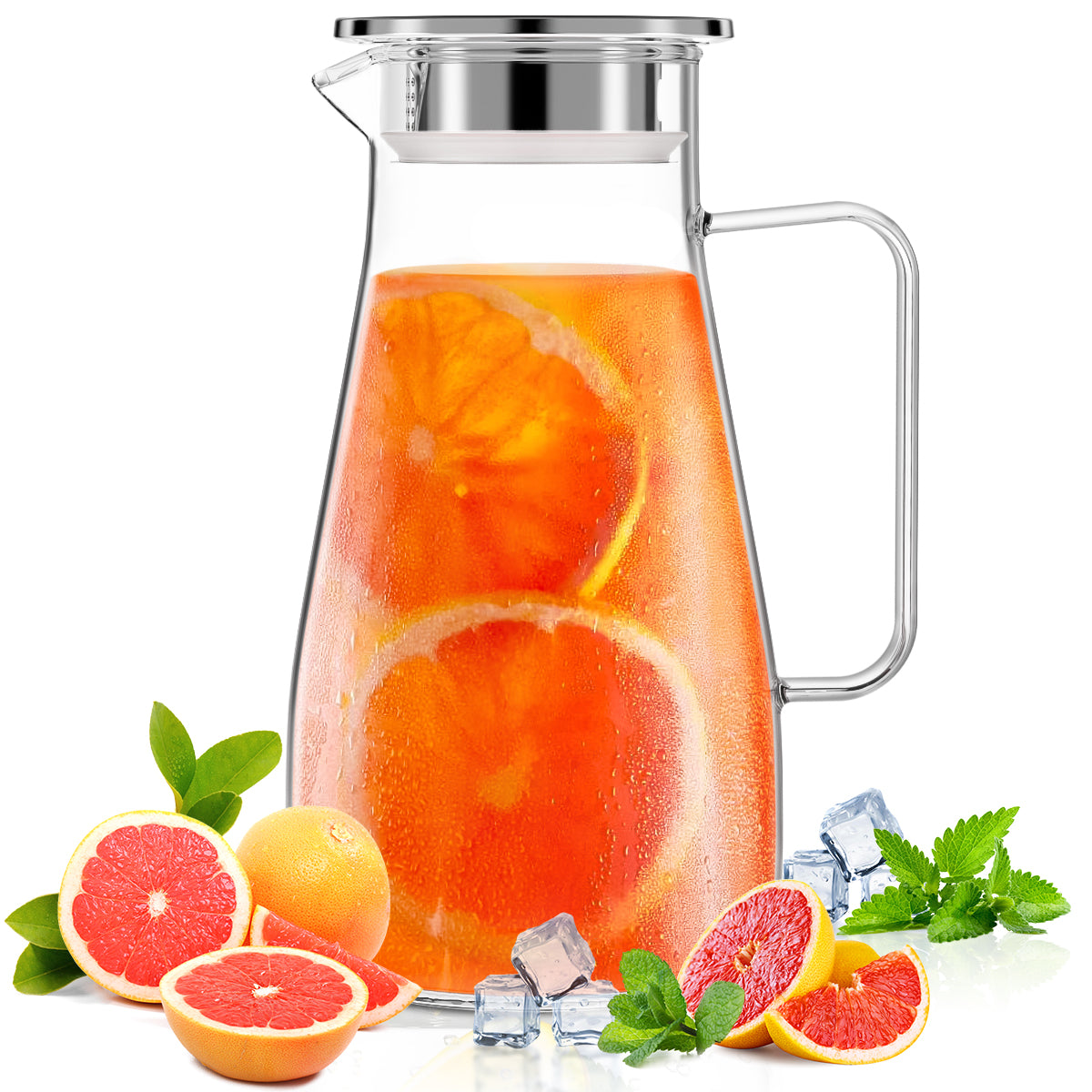 64 oz Glass Pitcher with Lid and Spout, 1.8L Heat & Cold Resistant Glass Water Carafe with Handle for Hot/Cold Water, Easy to Clean Large Drink Pitcher for Cold and Hot Beverage