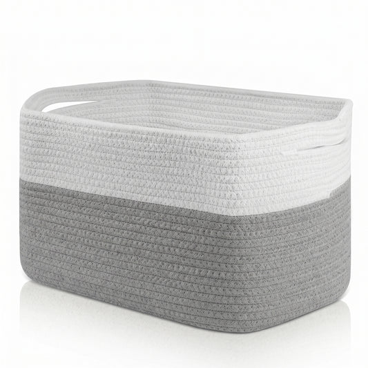Large Blanket Basket, 22"x12"x17"(75L) Rectangle Woven Baskets for Storage, Cotton Rope Basket for Living Room, Toy Basket with Handle, Basket for Organizing(White & Gray)