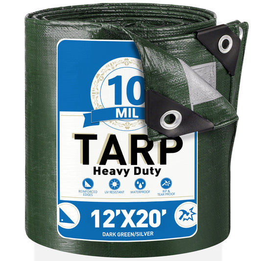 Tarps Heavy Duty Waterproof 12' x 20', 10 Mil Large Tarp with Grommets Every 19.7", Multipurpose Protective Cover with Reinforced Edges for Outdoor Pool Camp Tent, Poly Tarp for Boats, RV, Pool Cover