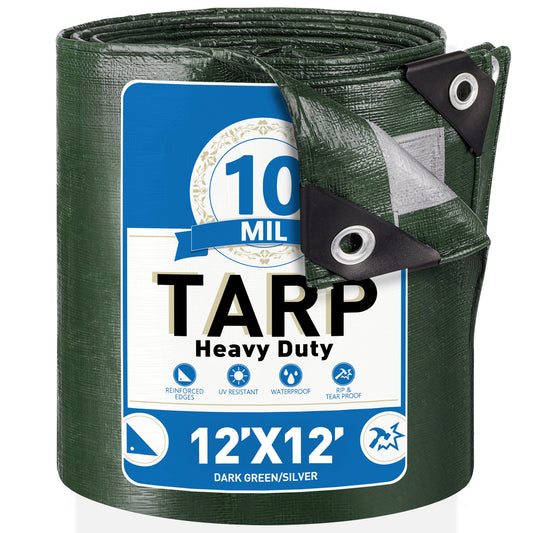 Tarps Heavy Duty Waterproof 12' x 16', 10 Mil Large Tarp with Grommets Every 19.7", Multipurpose Protective Cover with Reinforced Edges for Outdoor Pool Camp Tent, Poly Tarp for Boats, RV, Pool Cover