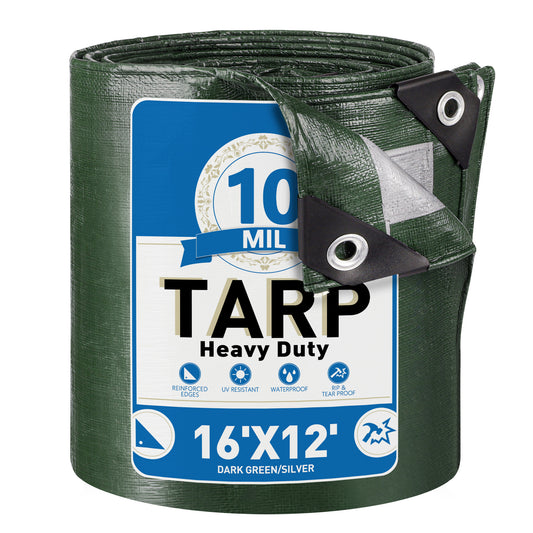 Tarps Heavy Duty Waterproof 16' x 12', 10 Mil Large Canvas Tarp with Grommets Every, Multipurpose Protective Cover with Reinforced Edges for Pool Camping Tarp, Poly Tarp for Boats, RV, Pool Cover