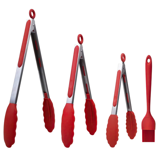 Kitchen Tongs - Heat-Resistant Stainless Steel Tongs for Cooking, Heavy Duty Metal Locking - Kitchen Utensils Set, Grilling Set of 4 (7 ", 9 "and 12"), with Oil Brush, Red