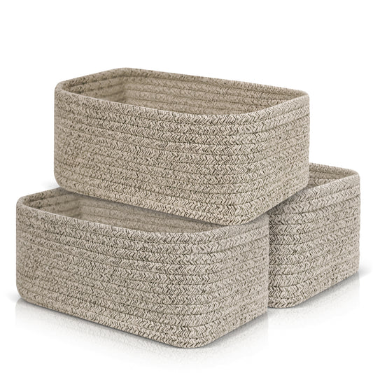 12"x8"x5"Cotton Rope Baskets, Woven Baskets for Storage, Nursery Storage Baskets, Rectangle Storage Basket with Handles, Storage Baskets for Shelves, Pack of 3,
